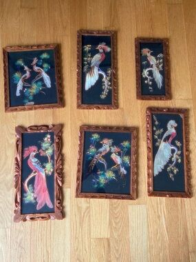 Vintage Mexican Feathercraft Birds in Ornate Wood Frames, set of 6 circa 1940-60
